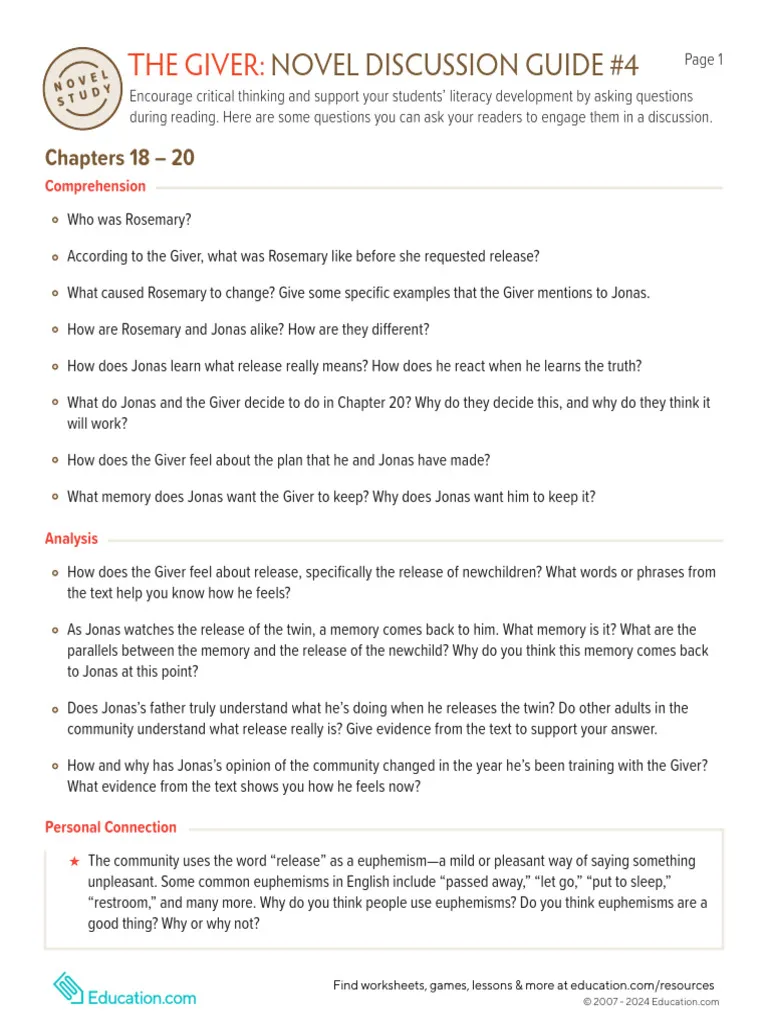 Pre-reading discussion guide worksheet for The Giver by Lois Lowry aimed at seventh grade students