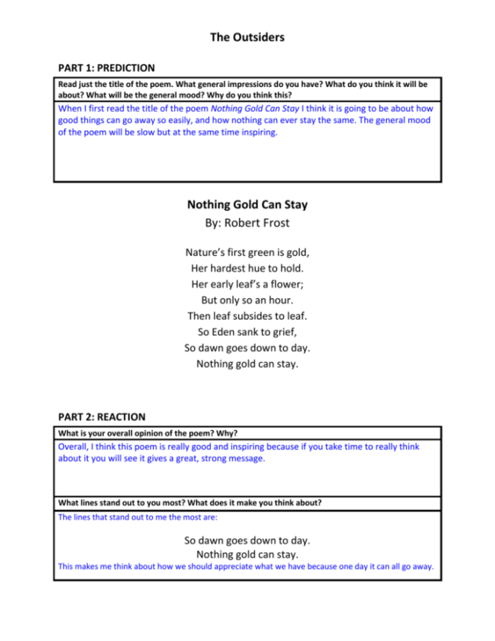 Worksheet for analyzing Robert Frost's poem "Nothing Gold Can Stay" from The Outsiders