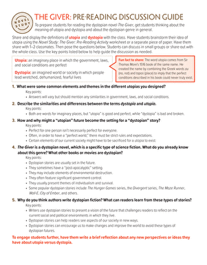 Pre-reading discussion guide worksheet for The Giver by Lois Lowry aimed at seventh graders