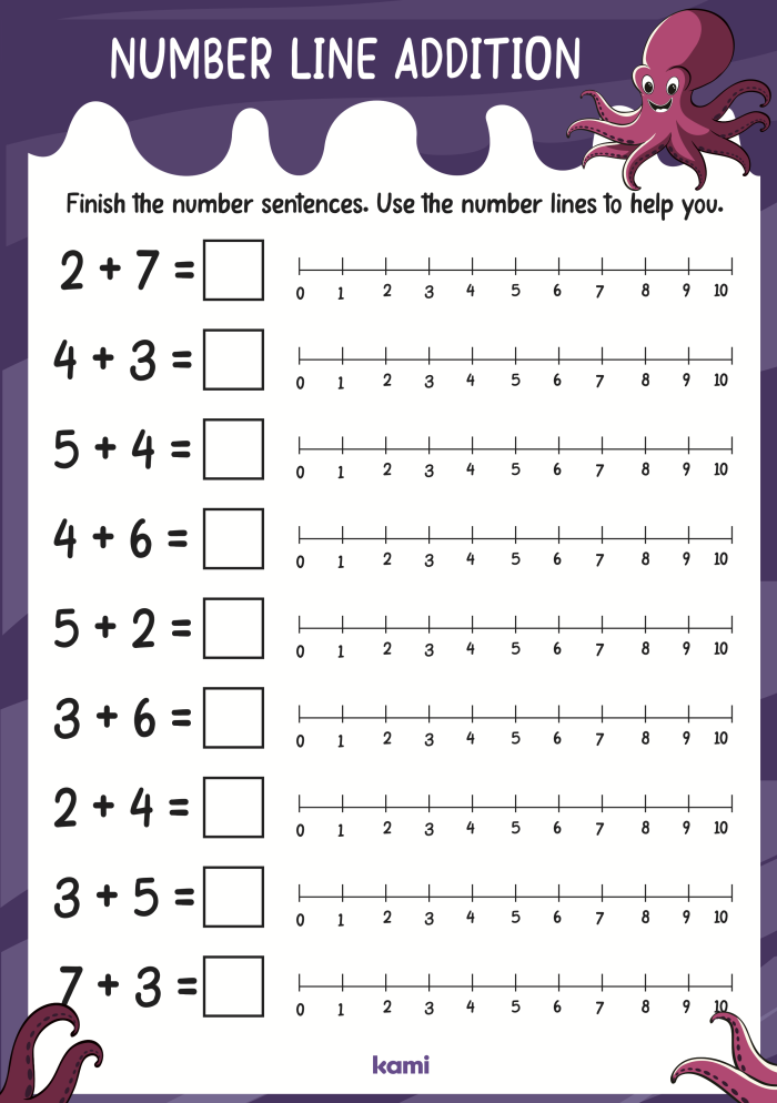 Image title showcasing a fun educational activity for first graders practicing single-digit addition with number lines ALT text for Number Line Frog Leap One-Digit Addition worksheet featuring colorful number lines and playful frogs