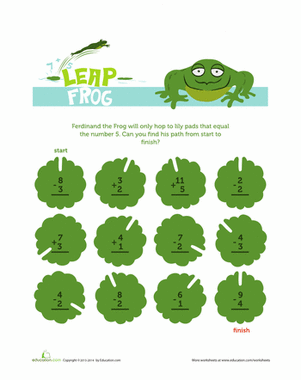 Engaging Number Line Frog Leap Worksheet for Single-Digit Addition Activities Colorful worksheet featuring a number line for one-digit addition with frogs for first graders