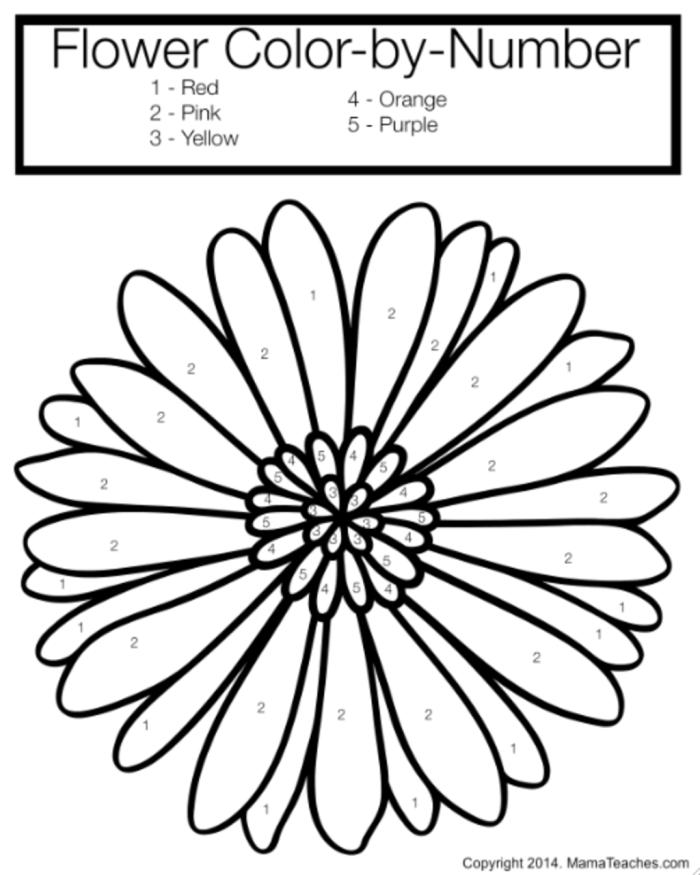 Flower coloring activity using a number chart for early learners in grammar and mechanics lesson Kindergarten Color by Number Flower worksheet featuring numerals and words to practice number recognition