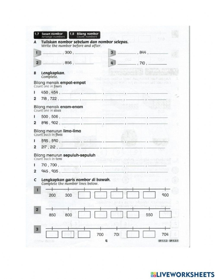 Numbers to 1,000 Check-in Assessment Tool for Grade 2 Students Second grade math worksheet showing counting exercises with numbers organized by ones, tens, and hundreds up to 1,000