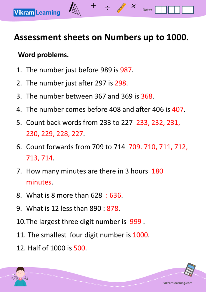 Numbers to 1,000 Check-in Assessment Tool for Second Grade Math Second grade math worksheet showing counting exercises with numbers organized by ones, tens, and hundreds up to 1,000