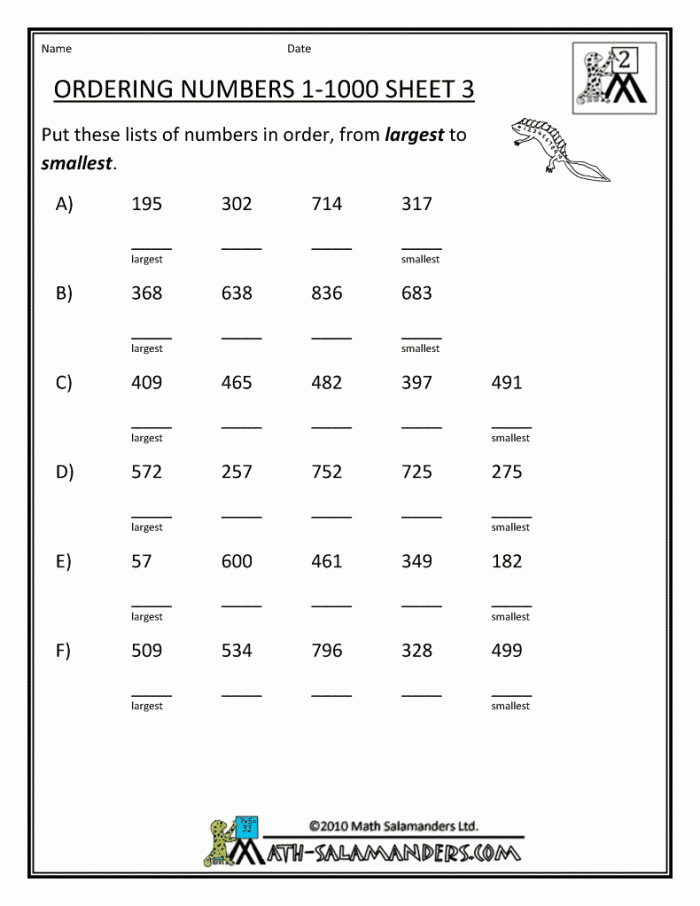 Numbers to 1,000 Check-in Assessment Tool for Early Learners Second grade math worksheet showing counting exercises with numbers organized by ones, tens, and hundreds up to 1,000