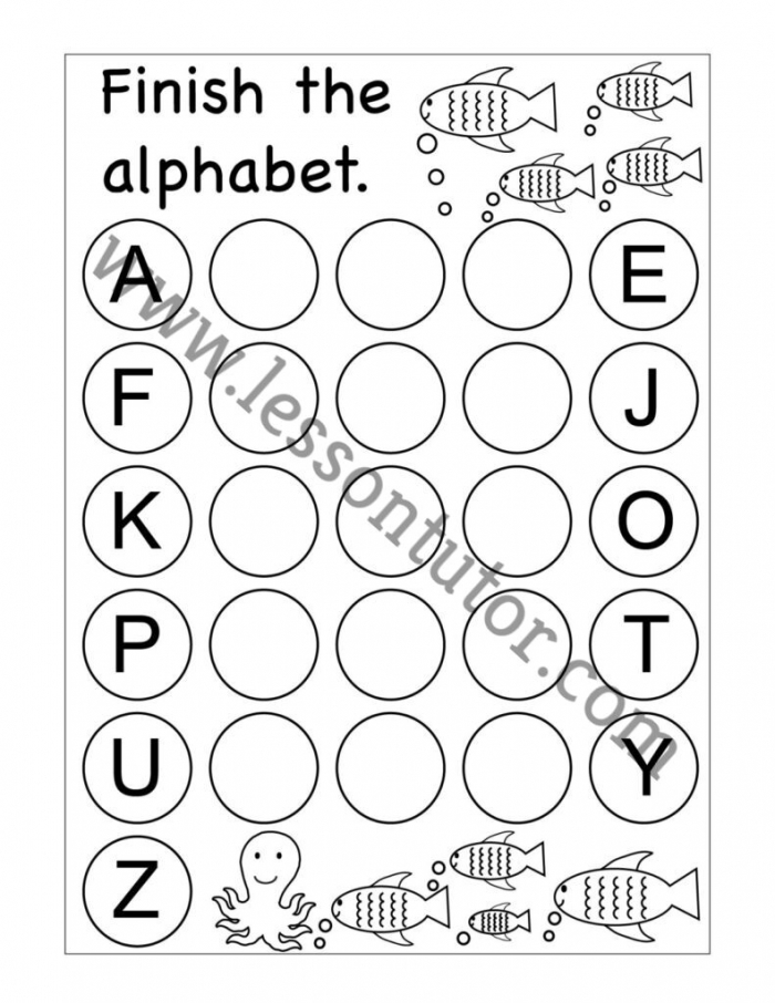 Fun Finish the Fish Alphabet worksheet for practicing lowercase letters in a Time and Money activity for young learners Kindergarten worksheet featuring an ocean theme to complete the fish alphabet with missing lowercase letters