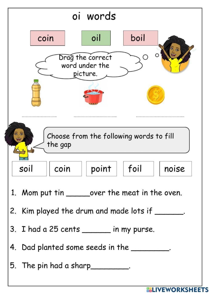 Oi phoneme practice worksheet for young learners in grade one First Grade worksheet for practicing the oi phoneme in vowels
