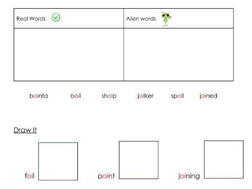 Oi sound exercise worksheet designed for early alphabet learners First Grade worksheet featuring the oi phoneme for vowel practice