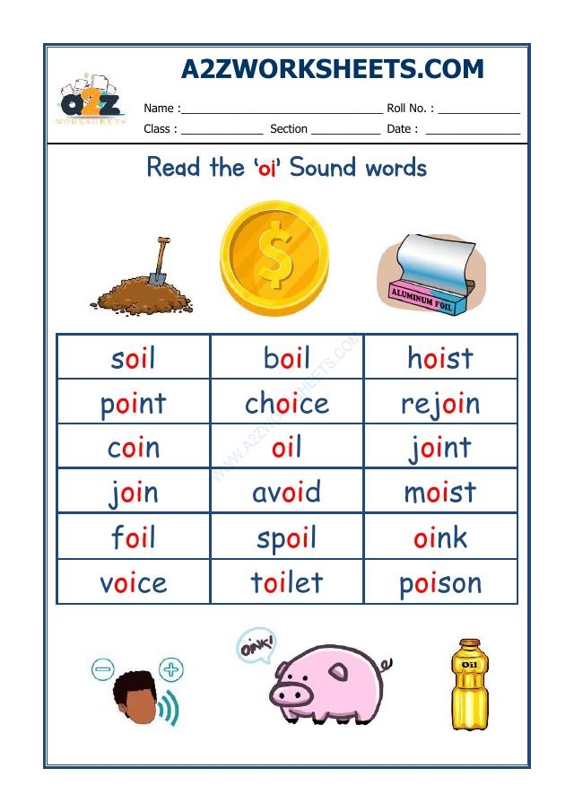 Worksheet image featuring the oi sound for early readers number 24 First Grade Oi Phoneme Worksheet for practicing vowel sounds