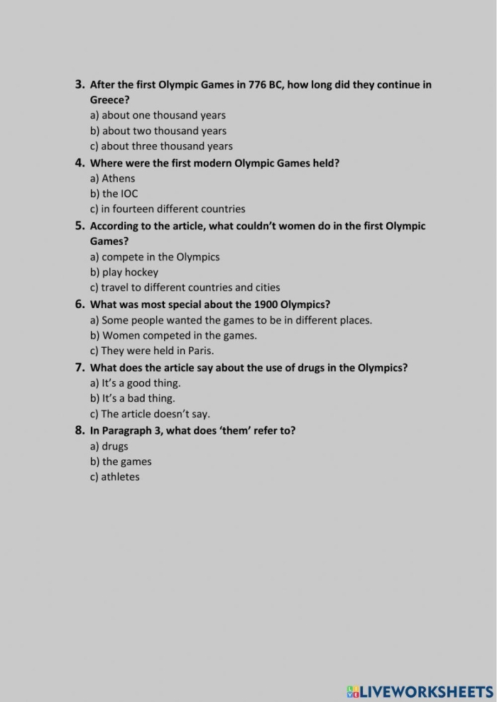 First Grade Olympic Timeline worksheet featuring key historic moments and fractions