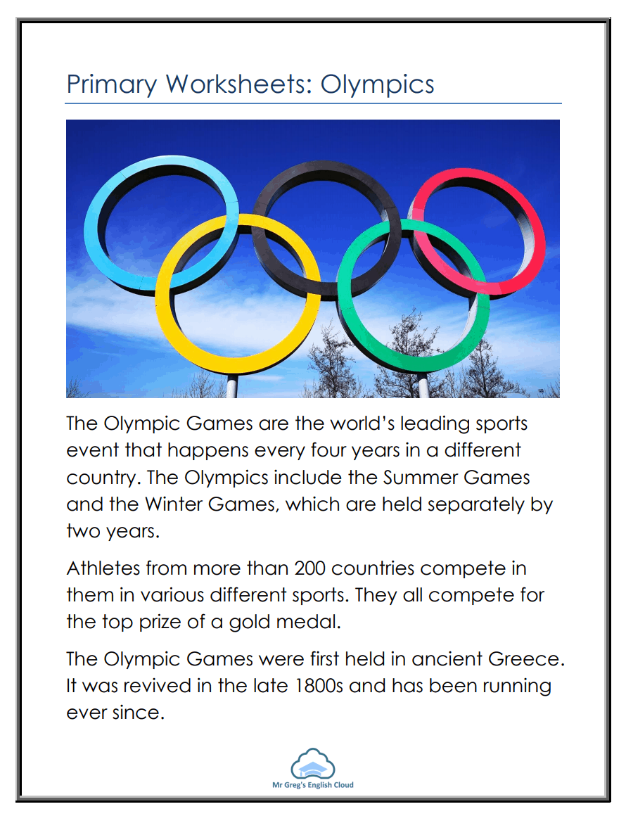 Fun alphabet worksheet featuring the first modern Olympic games in 1896 Third grade worksheet about the 1896 Olympics held in Greece