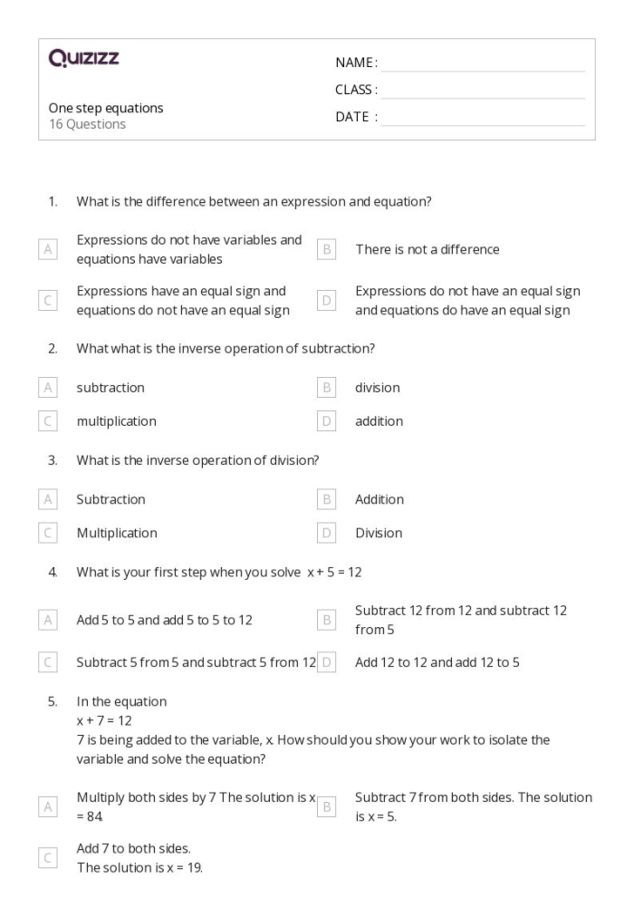 One Step Equations worksheet designed for engaging algebra practice in a fun game format