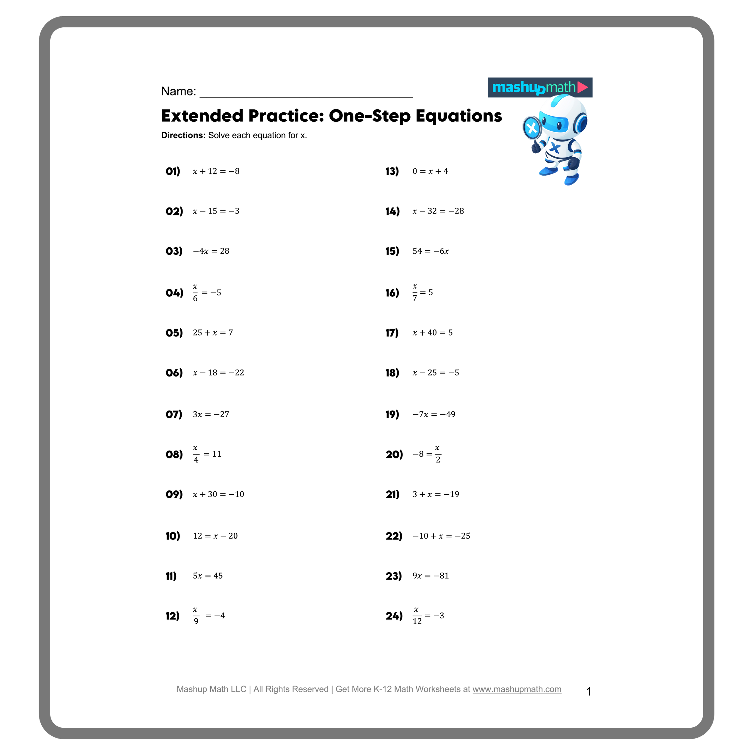 Engaging one-step equations worksheet designed for young learners to practice algebra concepts. Fun educational game format encourages kids to enjoy learning math skills.