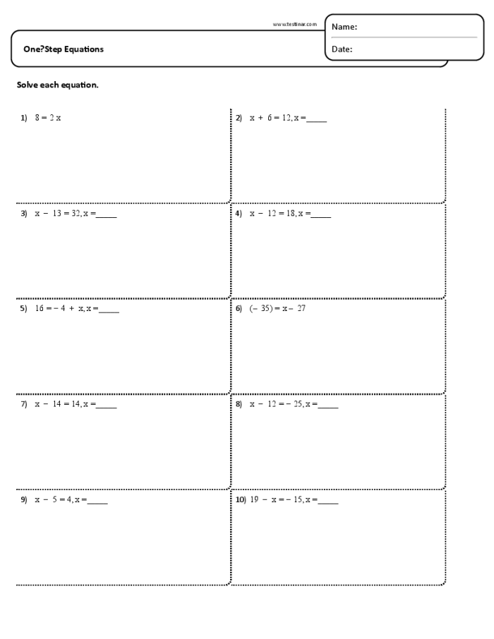 One Step Equations worksheet featuring an engaging game format for kids to learn algebra