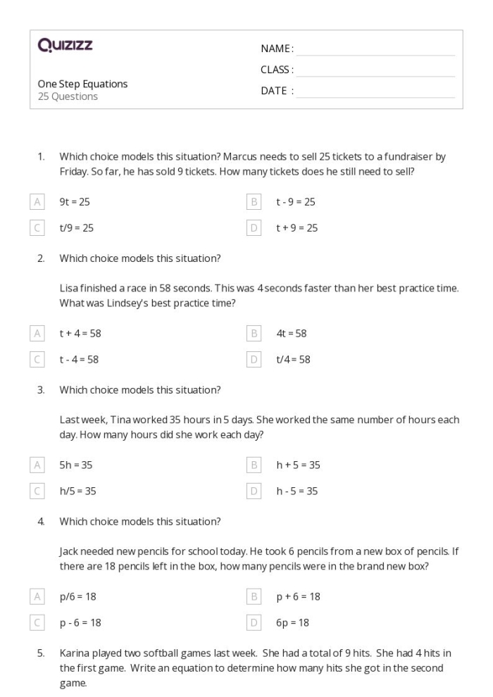 One Step Equations worksheet featuring a fun game format for kids to practice algebra concepts