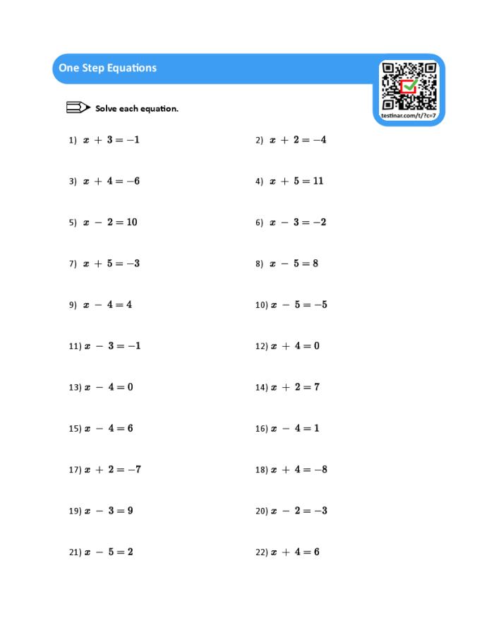 One Step Equations worksheet featuring a fun game format for kids to practice algebra concepts