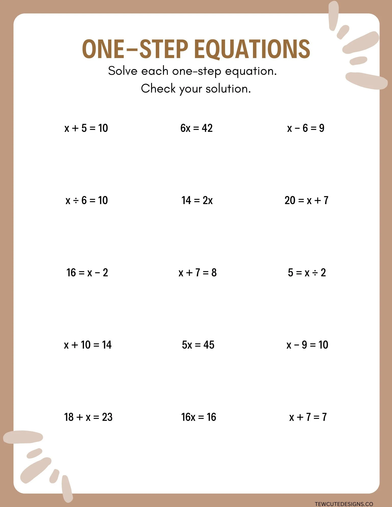 Engaging one-step equations worksheet designed for kids to practice algebra through a fun game format