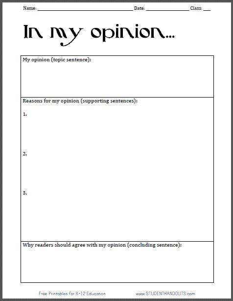 In My Opinion Writing Guide worksheet for young learners page 14 Third grade student worksheet for planning an opinion writing piece with prompts and guidance