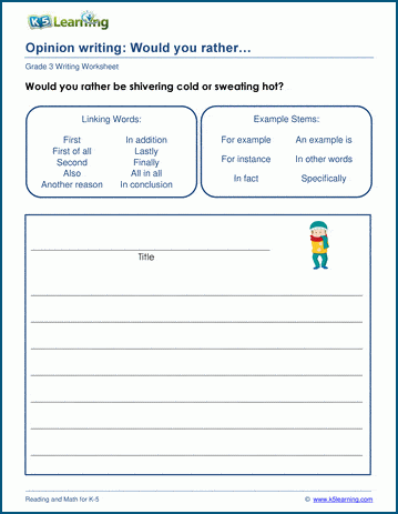 In My Opinion Writing Guide worksheet page 24 for third graders Third grade student worksheet for planning and writing an opinion piece with guided prompts
