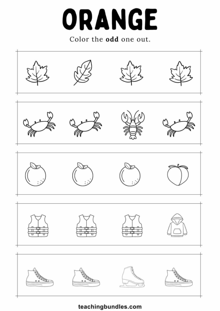 Interactive orange color worksheet for young learners to explore and create a color book A Pre-K worksheet featuring the color orange with time and money activities