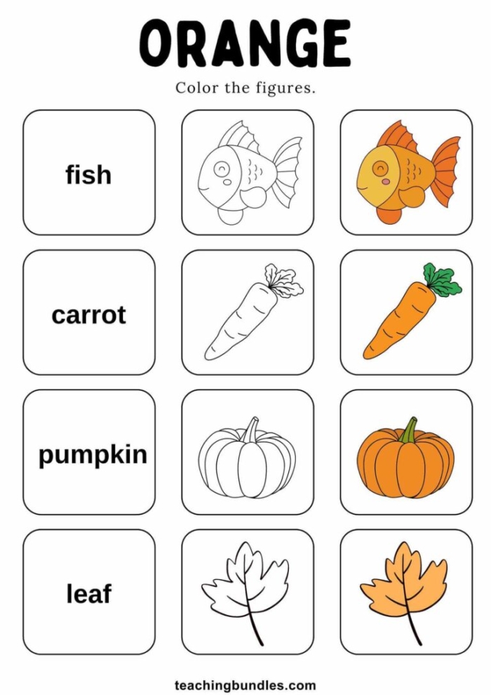Engaging Pre-K activity exploring the color orange with a creative project Child coloring an orange-themed worksheet about the color orange and its uses