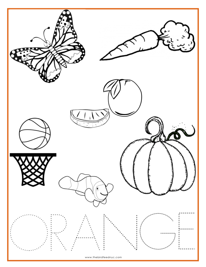 Creative orange color activity worksheet for young learners in time and money category Pre-K child coloring an orange-themed worksheet about the color orange