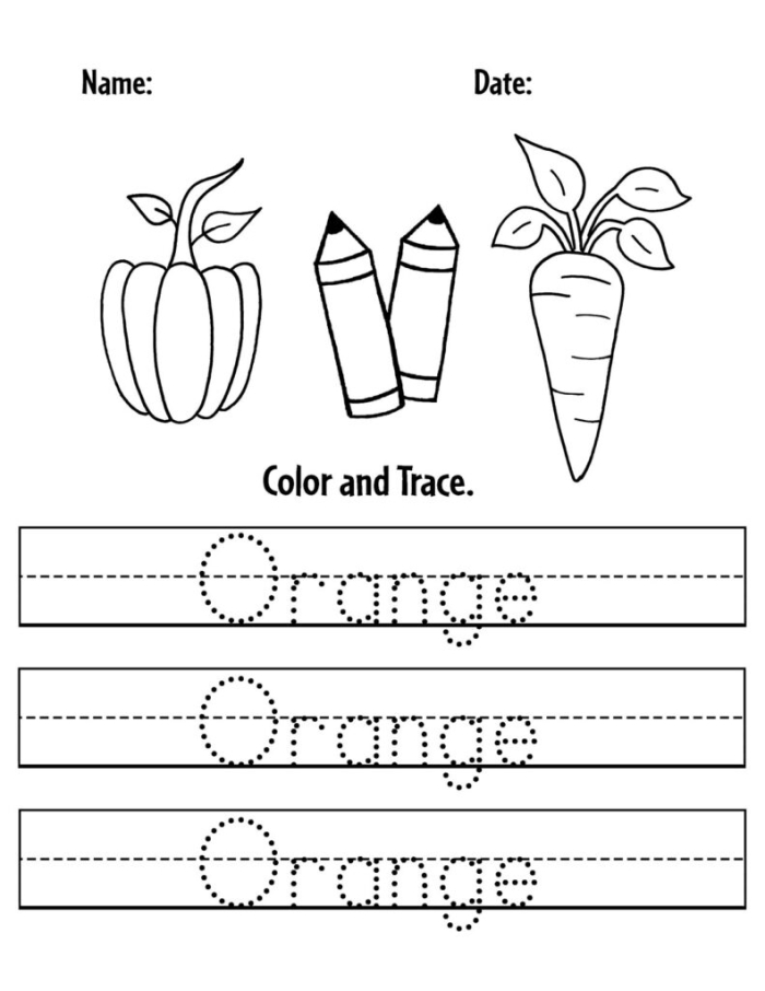 Creative orange color worksheet activity for preschoolers to explore time and money concepts A young child coloring an orange-themed worksheet for learning about the color orange