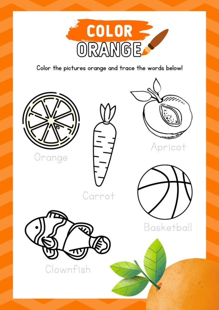 Exploring the color orange with a creative worksheet for pre-K learners A young child coloring orange shapes on a worksheet about the color orange