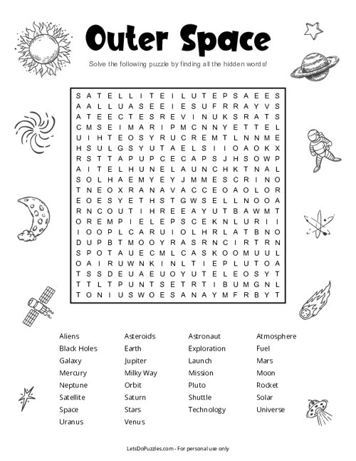 Outer Space Word Search activity for improving spelling and math skills, image 9 First Grade subtraction Outer Space Word Search worksheet with space vocabulary