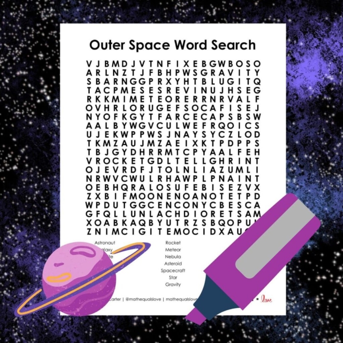 Outer Space Word Search worksheet for first graders focusing on subtraction skills, image 12 First Grade subtraction word search with outer space theme and vocabulary words