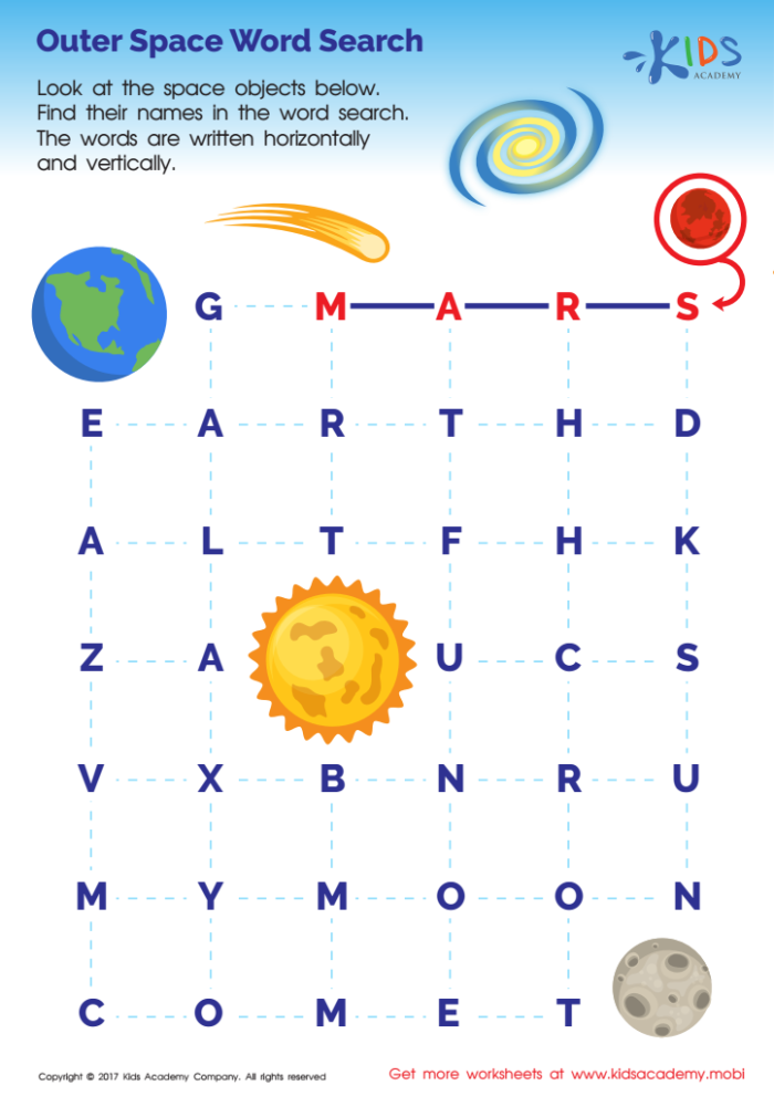 Outer Space Word Search worksheet for young learners exploring subtraction vocabulary and spelling skills First Grade subtraction word search with outer space theme filled with space-related words