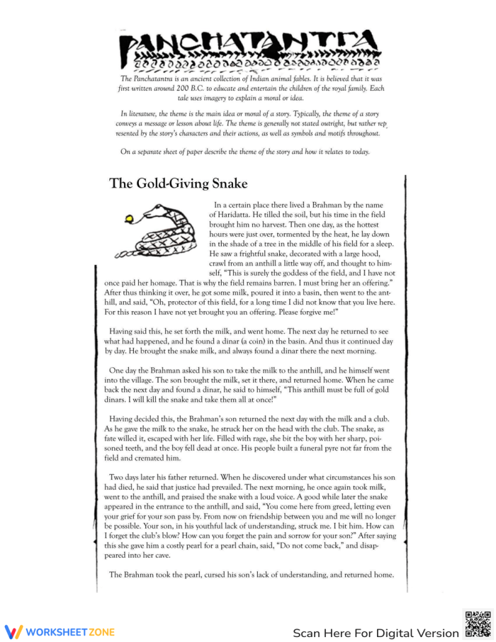 The Gold-Giving Snake worksheet inspired by classic Indian animal fables Illustration of a golden snake from the Panchatantra story for fifth grade life science