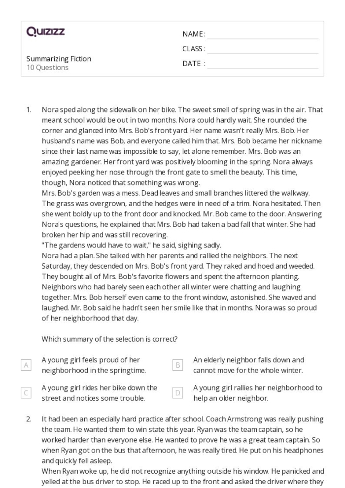 Illustration of a summary writing worksheet focused on sequence words in fiction summaries Worksheet featuring a Paragraph Frame for Summarizing Fiction stories for fourth graders