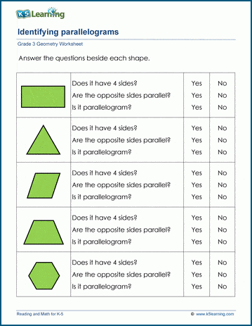 Third Grade Geometry Exercise on Identifying Parallelograms and Revealing a Hidden Word Third grade worksheet page featuring shapes for identifying parallelograms and coloring activity