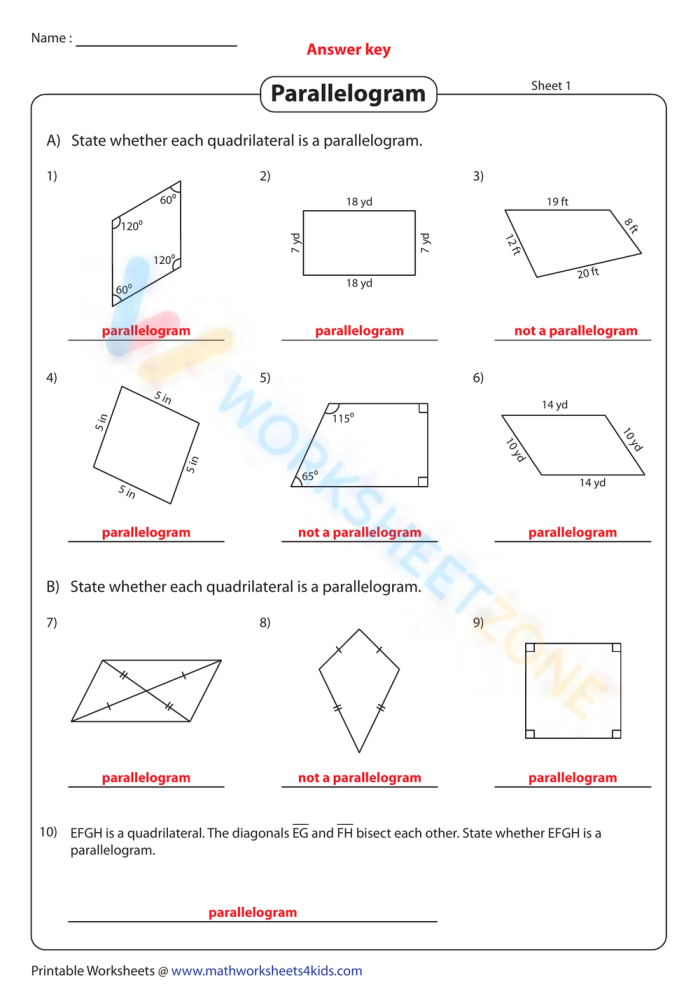 Coloring activity to find a hidden word by identifying parallelograms in geometry shapes for grade 3 Third grade worksheet showing various shapes for identifying parallelograms and coloring them