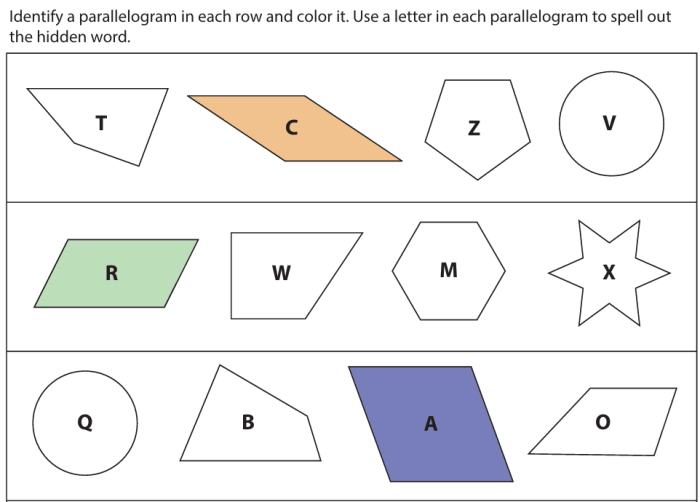Identifying Parallelograms activity for third graders with shape coloring and hidden word puzzle number 11 Third grade worksheet showing various shapes for identifying parallelograms and coloring them to reveal a secret word