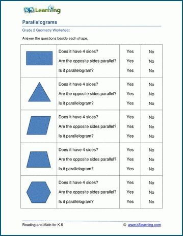 Worksheet for identifying parallelograms in a fun shape coloring activity for third graders, image 22 Third grade geometry worksheet focusing on recognizing parallelograms by coloring shapes to reveal a secret word