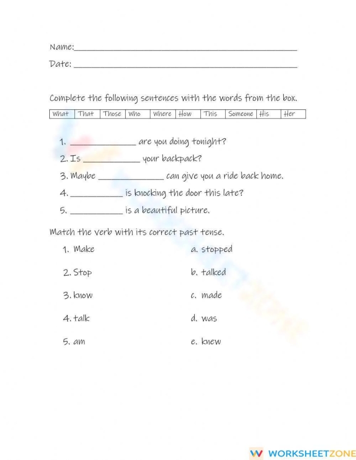 Reviewing parts of speech worksheet for fifth grade reading practice, image 8 Fifth grade students completing a reviewing parts of speech worksheet to identify word functions
