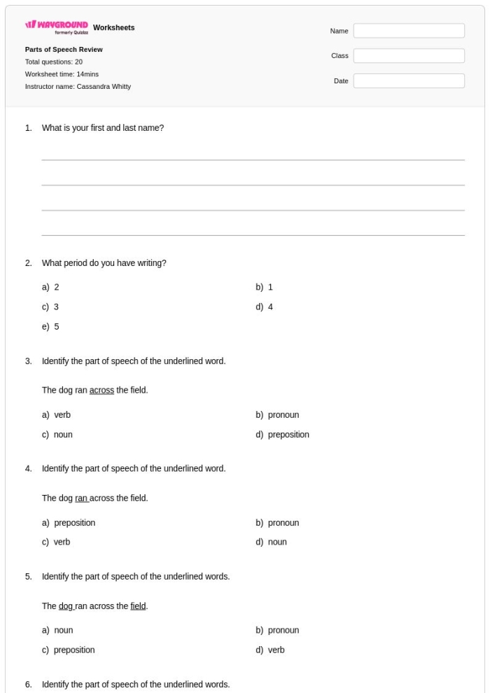 Reviewing parts of speech practice sheet for fifth graders image 10 Fifth grade worksheet focusing on various parts of speech in sentences