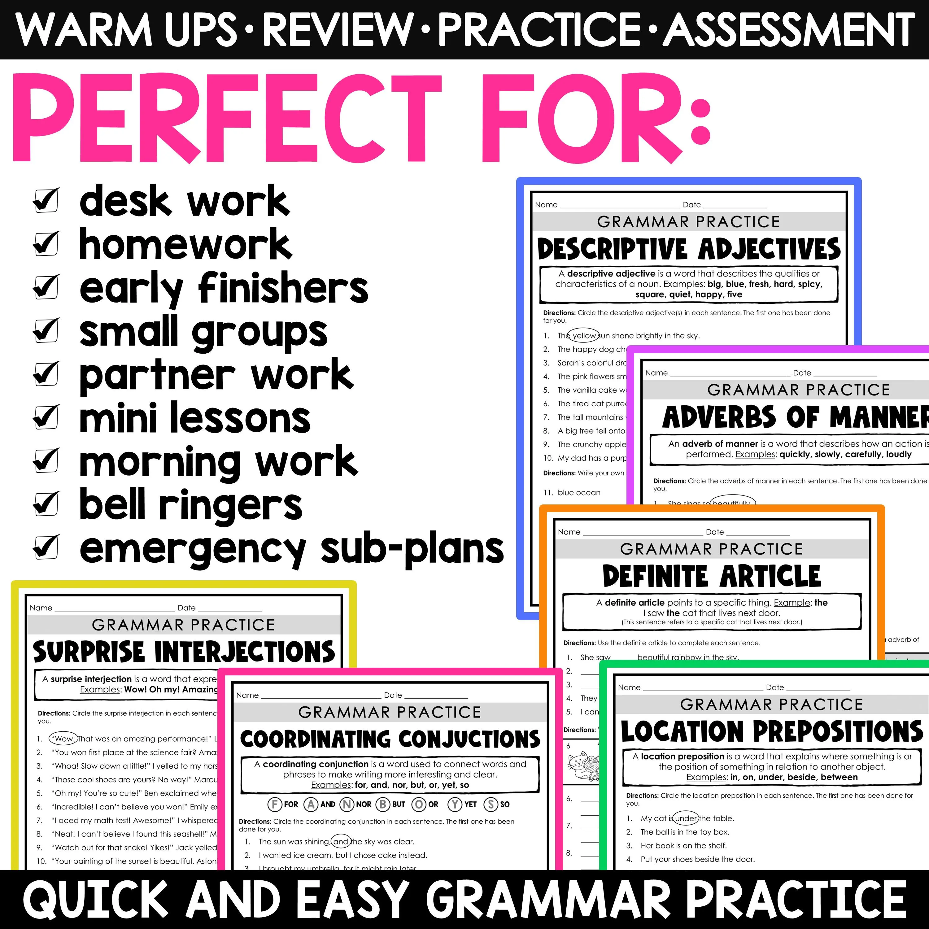 Worksheet for fifth grade reading practice on parts of speech labeled as image 15 Fifth grade student completing a Reviewing Parts of Speech worksheet focused on word functions in sentences