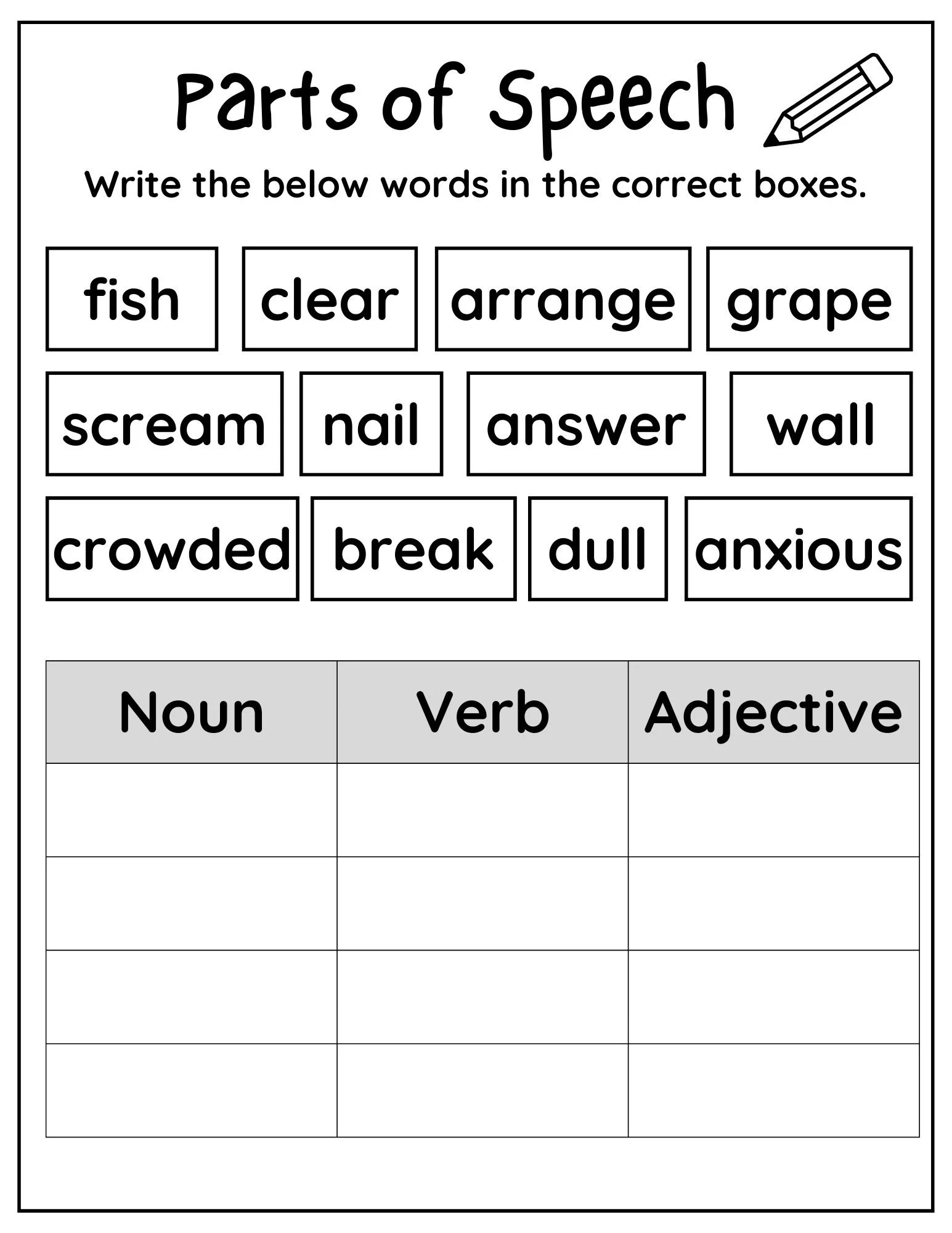 Worksheet for fifth graders reviewing parts of speech in sentences, image 4 Fifth grade student completing a Reviewing Parts of Speech worksheet focusing on word functions