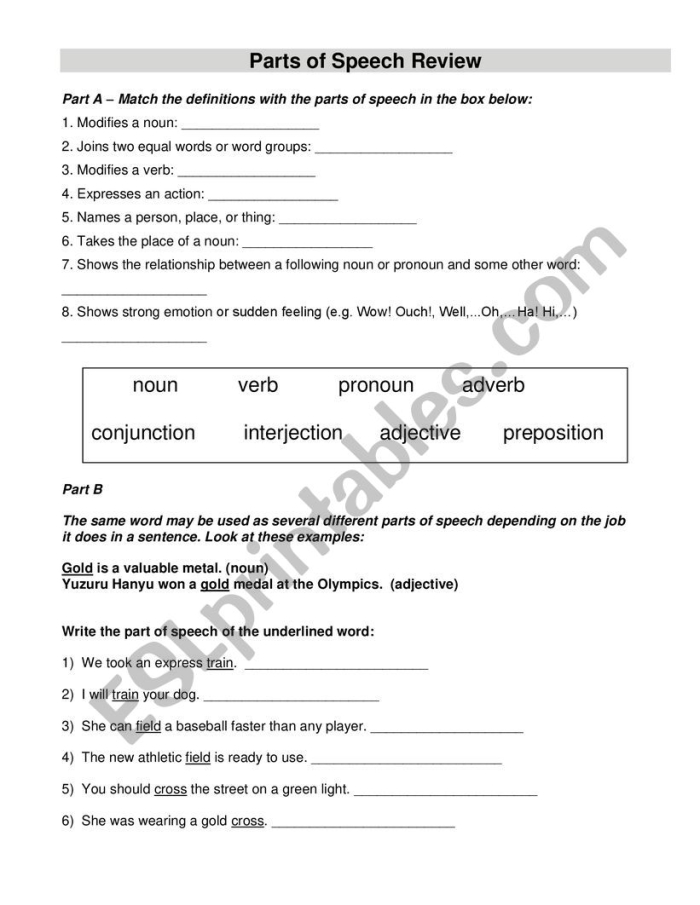Reviewing Parts of Speech worksheet for fifth grade reading practice image 5 Fifth grade students completing a parts of speech review worksheet with colorful sections