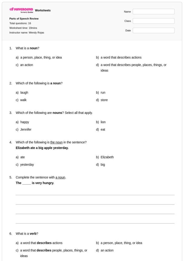 Reviewing Parts of Speech worksheet for fifth grade reading practice number 22 Fifth grade worksheet reviewing parts of speech with examples and exercises