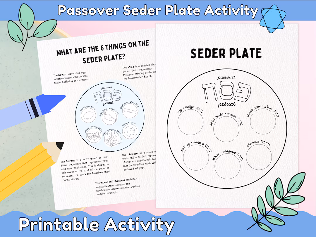 Colorful worksheet featuring Passover Seder traditions for second graders