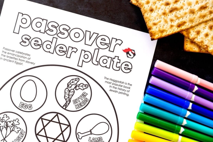 Worksheet illustrating Passover traditions and the Seder meal for second graders