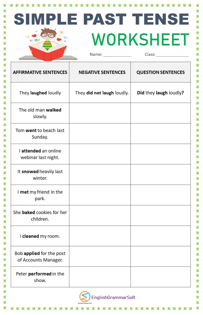 First Grade practice worksheet on past tense verbs from Get into Grammar series First grader completing a Get into Grammar past tense worksheet focused on verbs