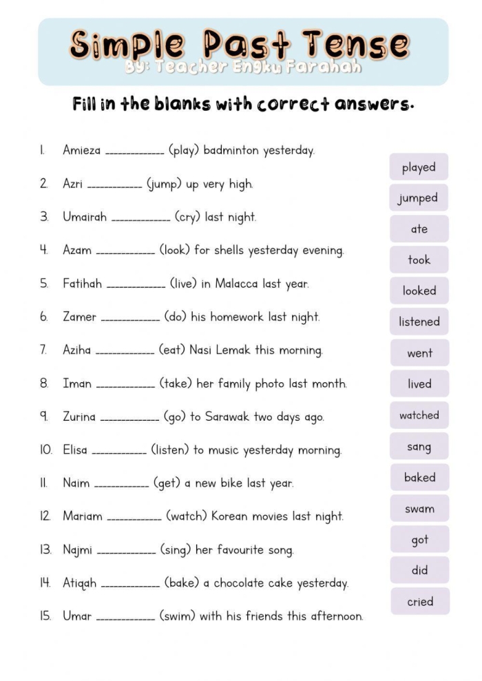 Worksheet for practicing past tense verbs with first grade multiplication theme, image 8 First grader completing a worksheet on changing sentences to past tense for grammar practice