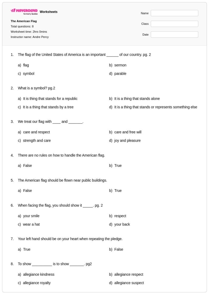 First Grade worksheet featuring the American flag and eagle to explore patriotic symbols