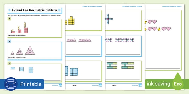 Logical reasoning practice with geometric designs for second graders, worksheet image 19 Second grade geometric pattern worksheet for kids to identify the next shape in the sequence