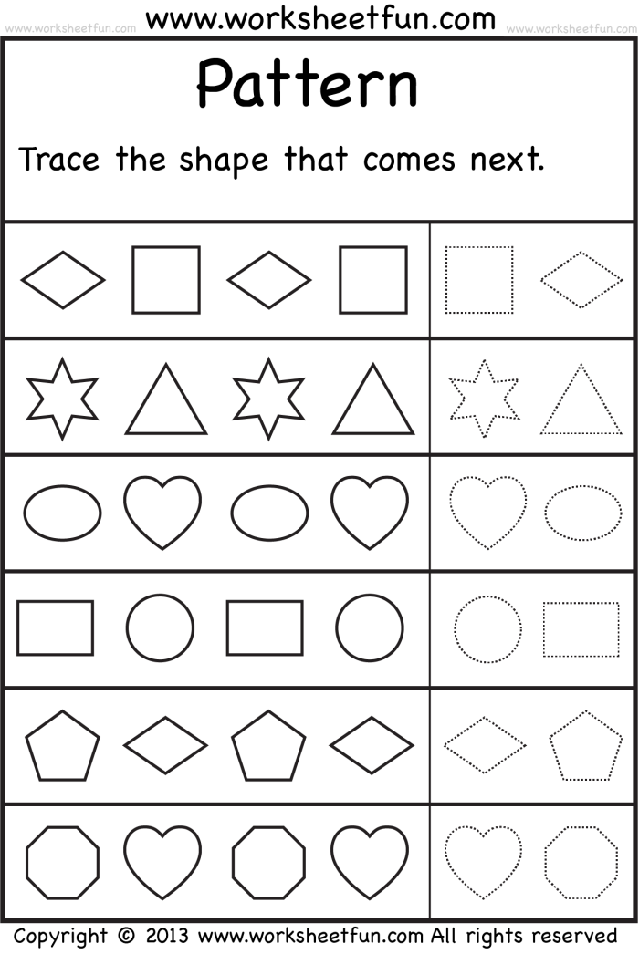 Logical reasoning puzzle from the Geometric Patterns: What Comes Next series, image two Second grade worksheet featuring colorful geometric patterns to complete the sequence